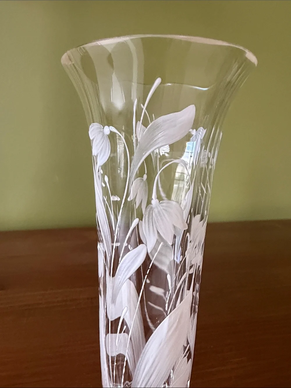 Etched Clear Glass Bud Vase with White Floral Design